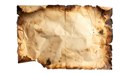 A crumpled and charred piece of aged paper against a black backdrop
