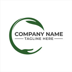 Green circular logo symbolizing nature, care, and sustainability with a leaf and a nurturing hand