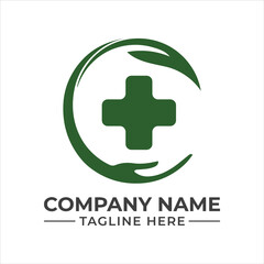 Fototapeta premium Green medical cross with caring hand and leaves symbolizing natural health and wellness