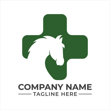 Horse head silhouette within a green medical cross logo concept for veterinary care