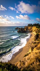 Coastal vista with cliffs, beach and ocean waves under a partly cloudy sky, captured in vertical format