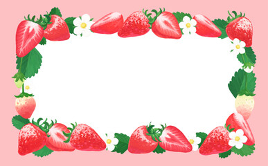 手描きの苺イラスト_長方形フレーム_外側ピンク背景