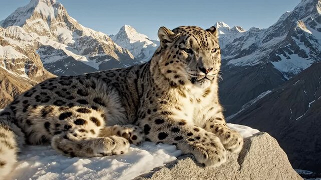 A majestic snow leopard gracefully rests on a snow-dusted rock formation amidst a breathtaking high-altitude alpine landscape. Its striking spotted fur provides natural camouflage against the pristine