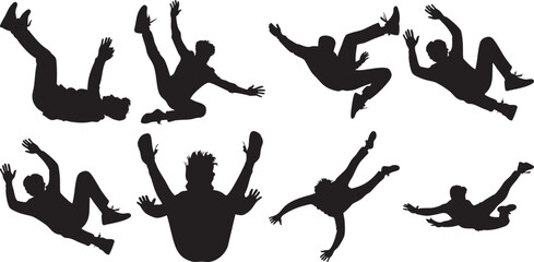 Black Silhouettes of People Falling or Jumping on White Background
