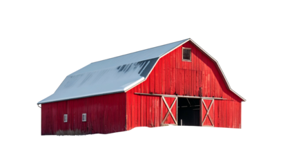 Vivid red barn with sliding doors and snowy roof, isolated on black background