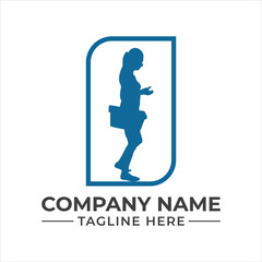 Minimalist blue silhouette logo of a walking woman carrying a box in a rounded rectangle frame.