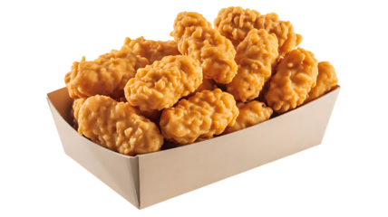 Crispy golden chicken nuggets served in a light brown paper tray on a black background Keywords: chicken nuggets, fried chicken, fast food, snack isolated on a transparent background