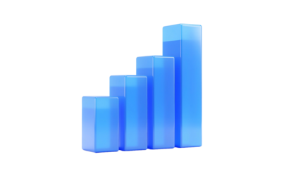 A 3D rendered, blue ascending bar graph on a black background, representing growth
