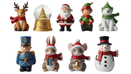 Collection of christmas figurines including santa, reindeer, snowman, and nutcracker isolated on transparent background
