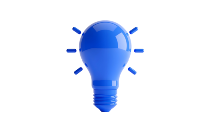 Shiny blue lightbulb with radiating prongs against a black background