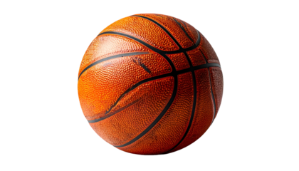 A close-up of a well-worn, textured orange sphere with black lines, isolated on black