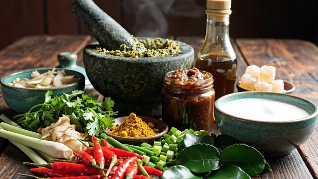 Thai Cuisine Ingredients Still Life - This close-up shot features a vibrant array of fresh Thai cooking ingredients arranged on a rustic wooden surface, including red chilies, herbs, spices, and