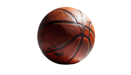 A worn and weathered basketball glows against a stark black backdrop