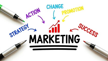 Marketing concept diagram showing strategy action change promotion and success elements with colorful markers