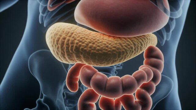 Pancreas Diagram Location within the Human Abdomen - Detailed 3D Medical Visualization Showing the Pancreas Position in Relation to the Stomach and Duodenum