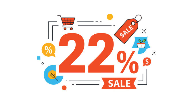 Vibrant twenty-two percent sale advertisement, featuring a bold discount percentage with dynamic shopping cart and tag illustrations, perfectly
