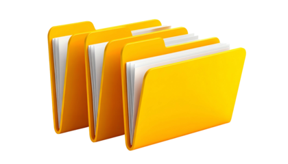 A set of three bright yellow file folders, slightly open, revealing white paper inside