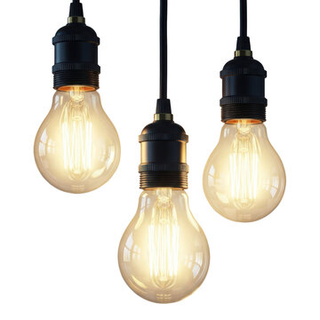 Three edison bulb string lights isolated on transparent background