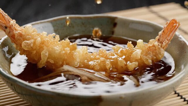 A bowl of tempura shrimp in a savory sauce on a wooden mat viewed from above