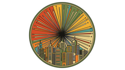 Obraz premium Dynamic urban panorama within a circular frame, showcasing a vibrant cityscape illuminated by radiating beams of colorful light and energy
