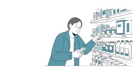 Customer thoughtfully browsing diverse products on well-stocked retail shelves, making an informed purchasing decision in a contemporary store