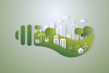 Green city and alternative renewable energy.ESG as environmental social and governance concept.Paper art Vector illustration.