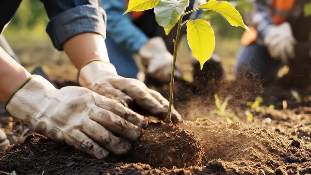 A person's gloved hands are meticulously planting a small, vibrant green sapling into rich, dark soil, gently firming the earth around its delicate roots. This close-up shot beautifully captures the a