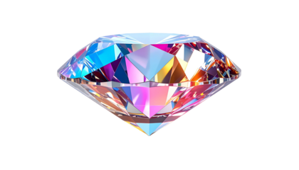 A close-up of a sparkling, multi-faceted gemstone with iridescent color reflections against black