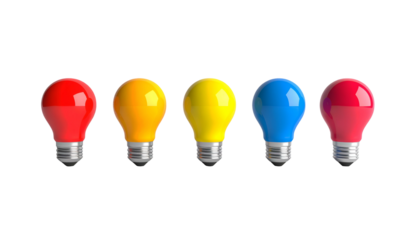 Five vibrant colored lightbulbs, red, orange, yellow, blue, and pink, arranged on a black backdrop