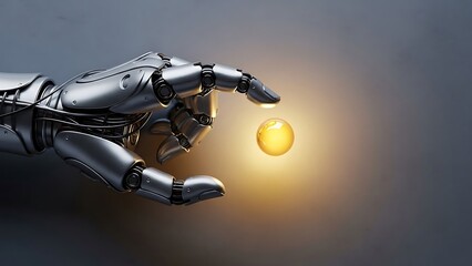 Robotic arm manipulates a luminous sphere in a technological display