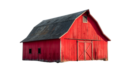 A classic red barn with a weathered roof, isolated on a stark black background