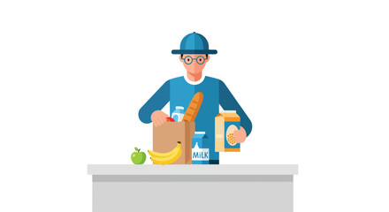 Vibrant illustration of a person organizing fresh groceries, depicting mindful shopping and healthy home provisioning