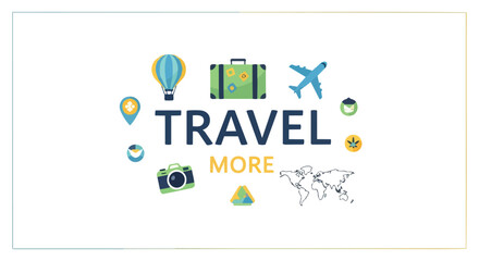 Obraz premium Encouraging boundless journeys across continents with a vibrant graphic, featuring essential travel icons, inspiring exploration and new global