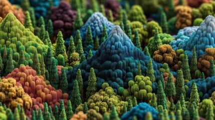 Abstract Pixelated Forest Landscape with Blue Mountains and Colorful Trees in a Textured Background with Varying Heights and Dense Coverage