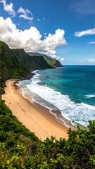 Coastal vista Lush cliffs meet sandy beach, turquoise waves under a bright, partly-cloudy blue sky