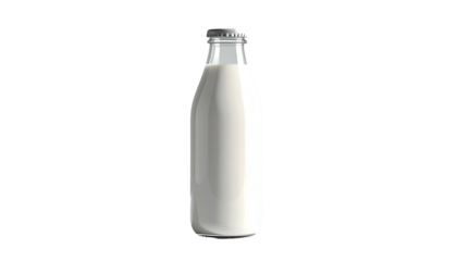 Isolated milk bottle against black background. Clear glass with a silver cap, partially filled
