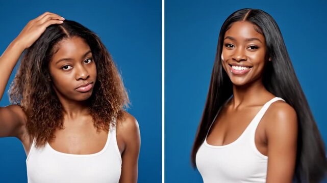 Hair Transformation Showcase - This video features a split view of a young person demonstrating a dramatic hair transformation.