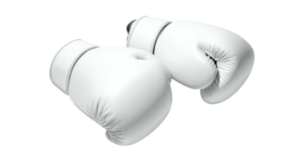 Two white boxing gloves on a black background, suggesting fighting and competition
