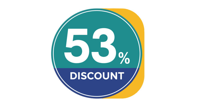 Prominent fifty-three percent discount badge in striking teal, blue, and yellow colors, isolated for advertising.