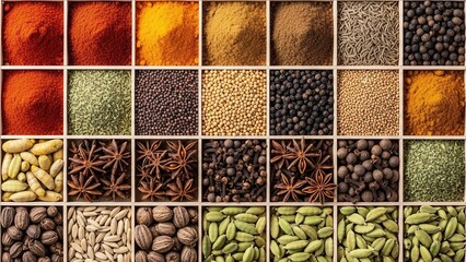 An overhead view of a diverse collection of vibrant whole and ground spices arranged neatly in a wooden grid, showcasing a rich variety of culinary ingredients.
