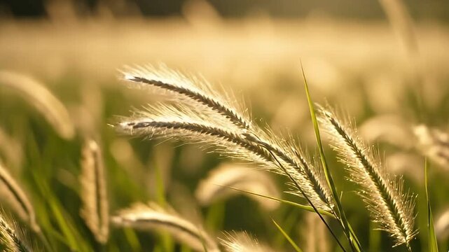 A serene close-up shot captures feathery wild grass or a similar cereal-like plant gently swaying in a sun-drenched field. The captivating golden hour light creates a luminous rim-lighting effect, bea