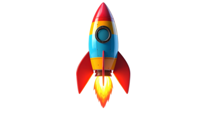 A colorful cartoon rocket ship against a black background with glowing flames