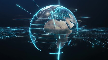 A digital illustration of a human brain integrated with a blue globe and world map representing global communication, technology, and data connection across a binary internet network concept - Powered by Adobe