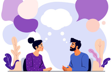 Couple in deep conversation with thought bubbles around them