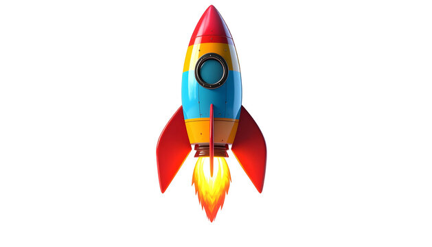 A colorful cartoon rocket ship against a black background with glowing flames