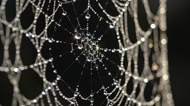 Sparkling Spider Web with Dew Drops - This close-up video captures a delicate spider web adorned with glistening dew drops.
