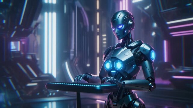 A futuristic 3d robot cyborg woman djs at a dark night club disco party with laser lights and electronic sound equipment for a concert flyer