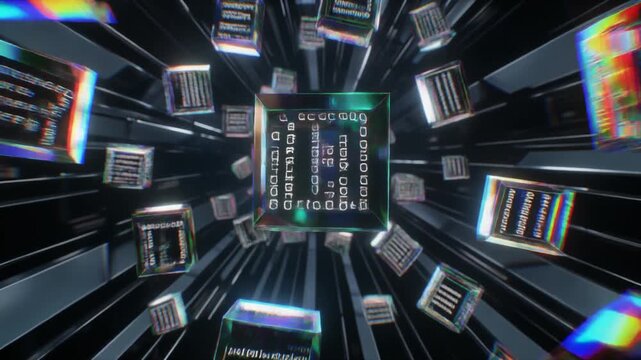 Digital communication architecture features fiber optic cables and computer network servers against a glowing background of light spots integrated with electronic hardware and circuit board components