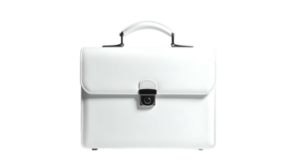 A pristine white briefcase isolated on a black background, with metal clasp and handle