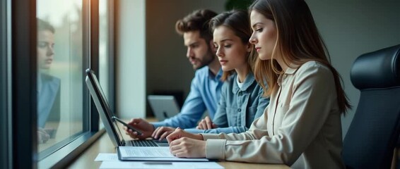Focused team collaborates in a modern office, analyzing data on a laptop with thoughtful expressions; camera slowly pans, capturing ambient light through large windows in a cinematic style. - Powered by Adobe